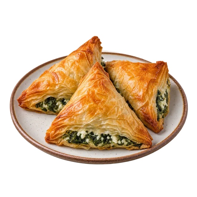 Three flaky golden pastry triangles with visible green spinach filling on a plate