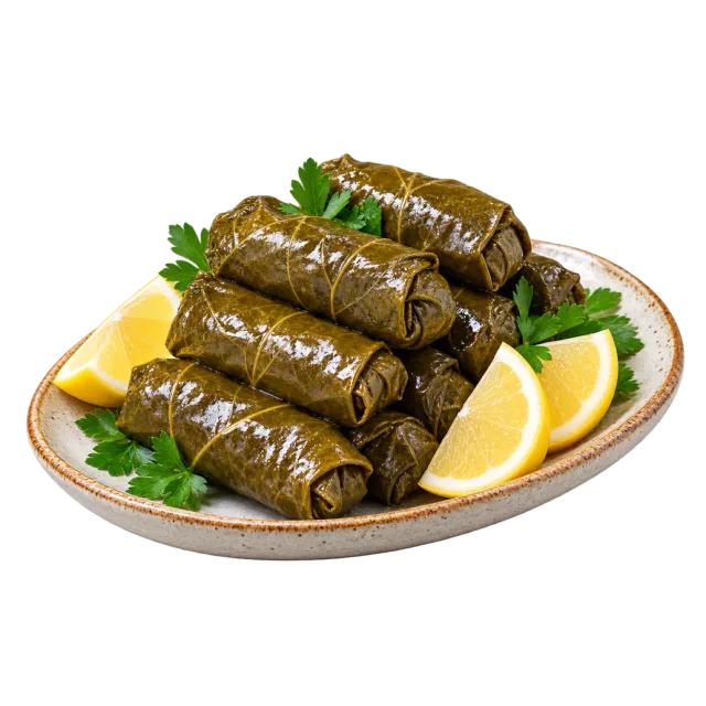 Rolled green grape leaves stacked on a white plate with lemon wedges and leafy garnish