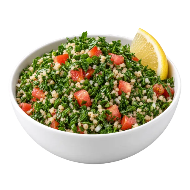 A white bowl of finely chopped green salad with diced red vegetables, pale grains and a lemon wedge