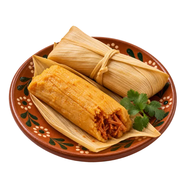 Wrapped corn-husk tamales beside an opened tamale showing orange filling on a patterned plate