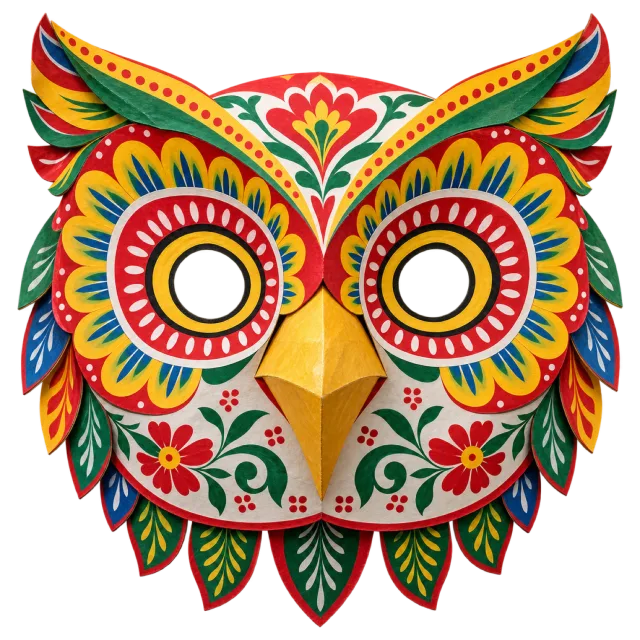 A bright owl-shaped mask with large circular eyes and red, green, yellow and blue decorative patterns