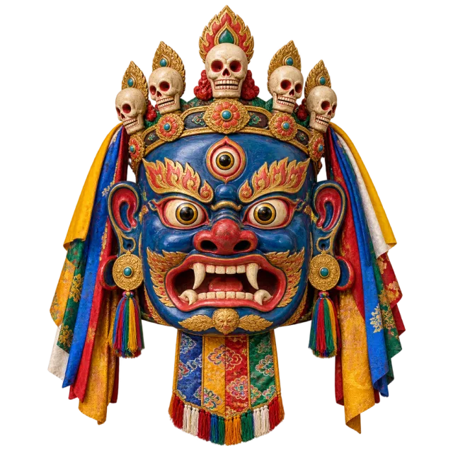 A blue-faced mask with large eyes, a decorated crown, gold-colored details and long multicolored side ornaments