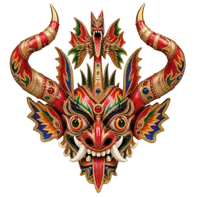 An elaborate red, green and gold-colored mask with curled horns, pointed ornaments and prominent teeth