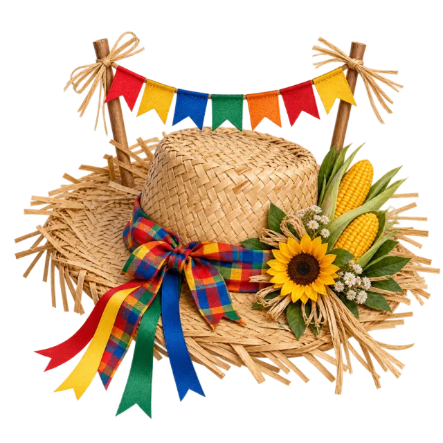 A straw hat decorated with a checked ribbon, sunflower and corn beneath a string of colorful pennants
