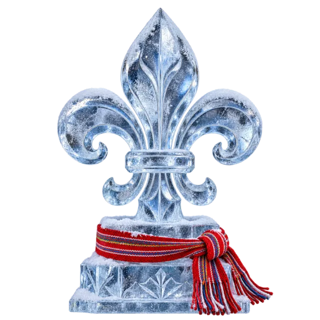 An icy blue fleur-de-lis sculpture on a frozen-looking base wrapped with a red and blue scarf