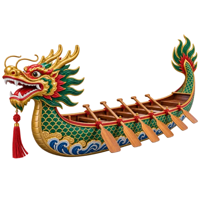 An ornate dragon-headed boat with a raised tail, colorful painted sides and wooden paddles