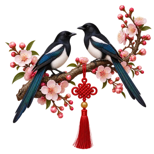 Two black-and-white birds perch on a pink blossom branch above a red decorative knot and tassel