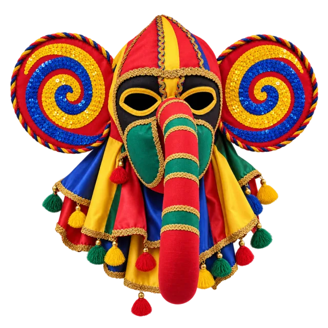 A brightly colored mask with a long red and green nose, large spiral ears and dangling fabric ornaments