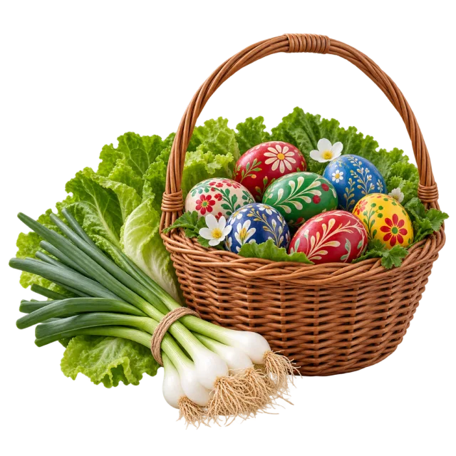 A wicker basket filled with brightly painted eggs beside leafy greens and a bunch of spring onions
