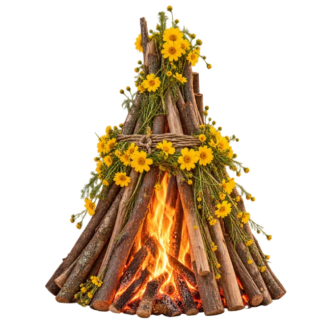 A cone-shaped stack of burning wooden branches decorated with green foliage and yellow flowers