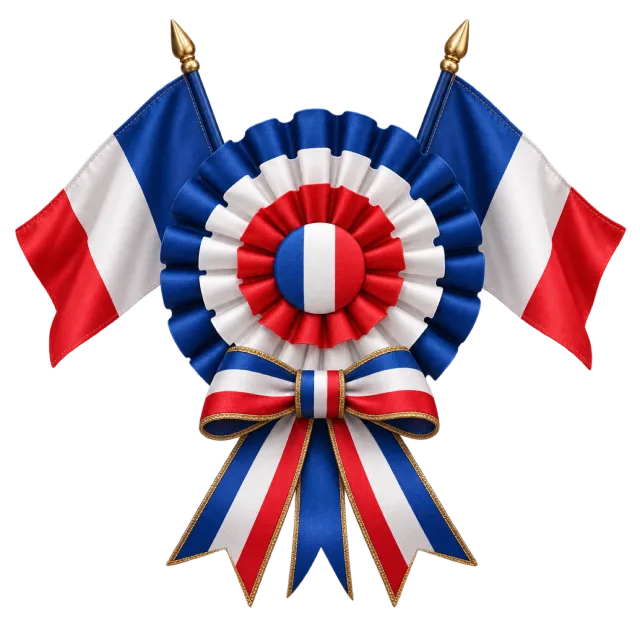 Two French tricolor flags behind a pleated blue, white and red rosette with long ribbon tails