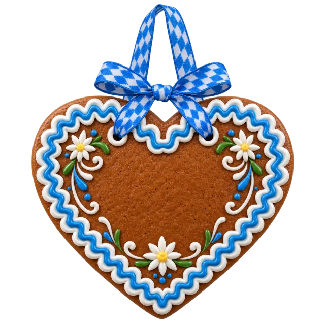 A heart-shaped brown gingerbread with blue and white icing, small flowers and a blue checked ribbon bow