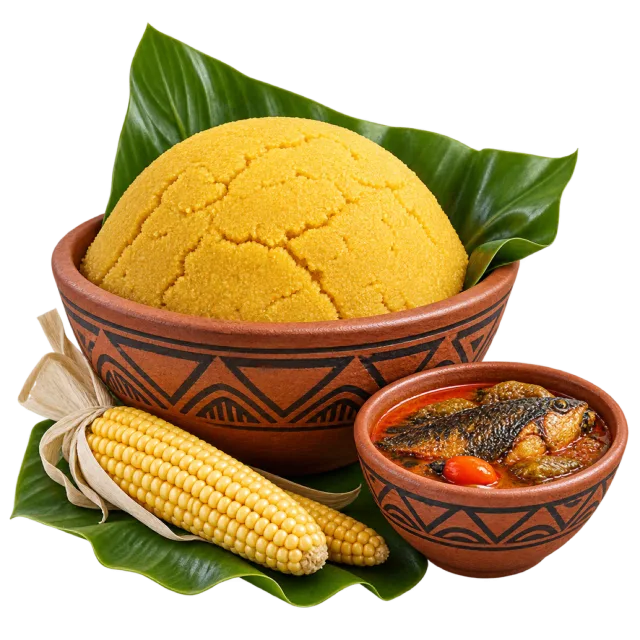 A mound of yellow food in a patterned bowl beside a smaller bowl of stew, corn and green leaves