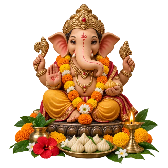 A seated Ganesha figure in a gold-colored crown and yellow clothing with flowers, sweets and a small lit lamp