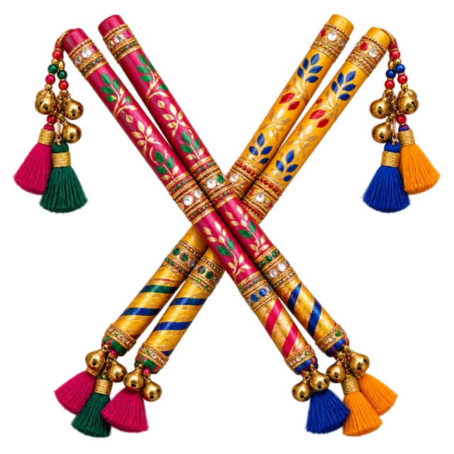 Two crossed decorated sticks in red, blue and gold colors with bells and multicolored tassels