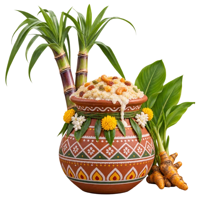 A patterned clay pot overflowing with pale rice, decorated with flowers beside sugarcane and green leaves