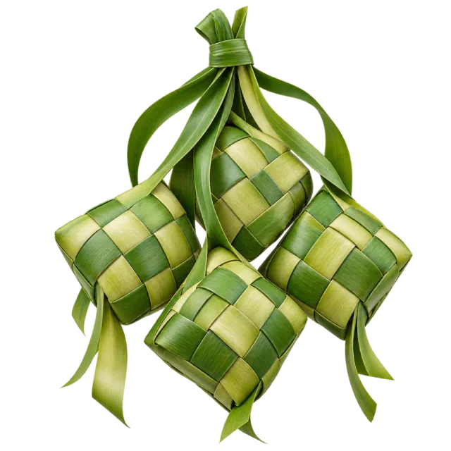Three green diamond-shaped woven leaf parcels tied together with long trailing leaf strips