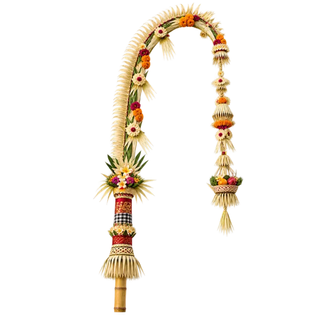 A curved decorative pole wrapped in woven-looking details, flowers and a long hanging ornament