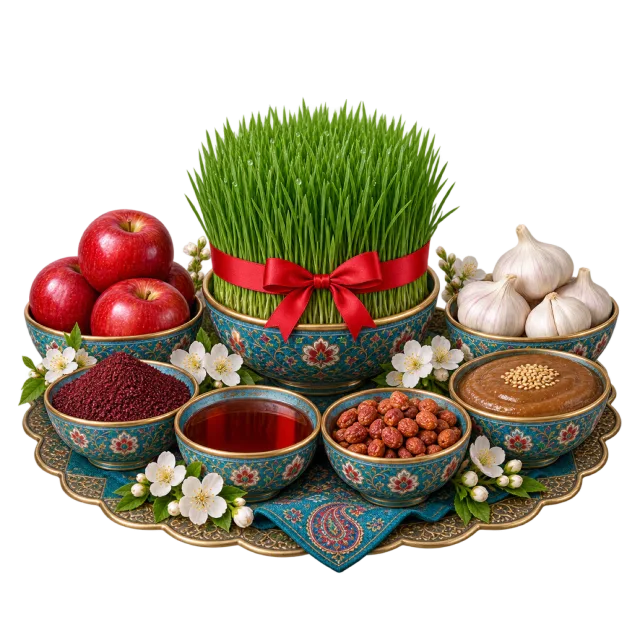 Patterned bowls of fruit, garlic and other items surround a central bundle of green sprouts tied with a red ribbon