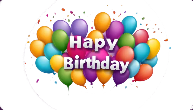 Happy birthday lettering framed by a cluster of colorful balloons and confetti on a transparent background
