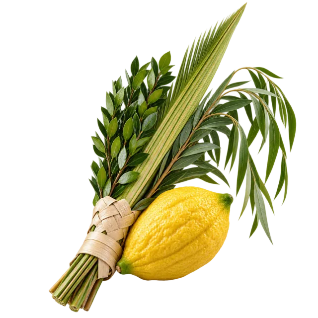 A tied bundle of long palm-like leaves and leafy stems beside a textured yellow citrus fruit