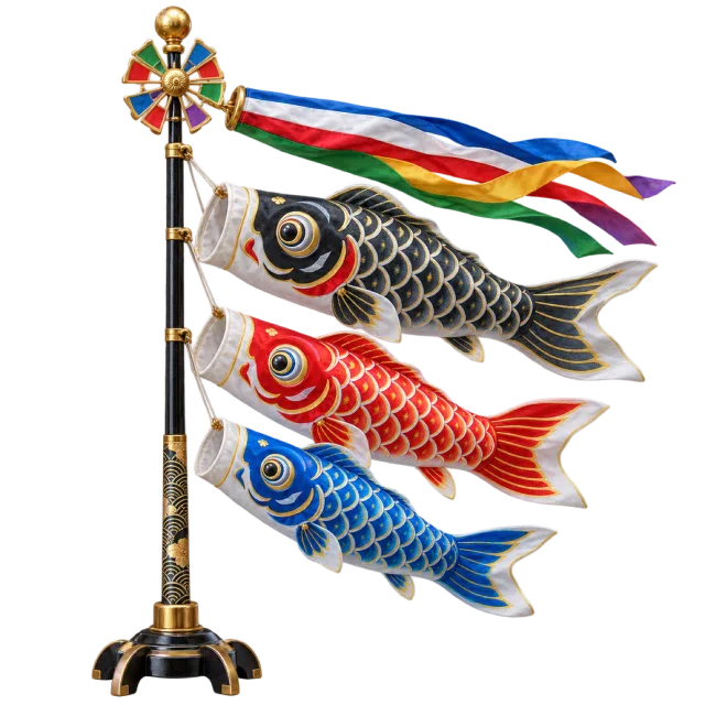 Black, red and blue carp-shaped windsocks on a pole beneath long multicolored streamers