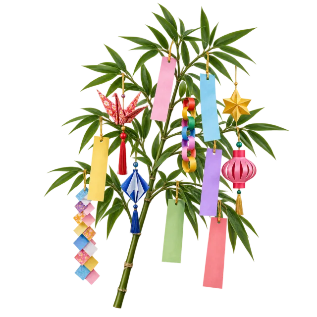Green bamboo branches decorated with colorful paper strips, folded ornaments and small hanging stars
