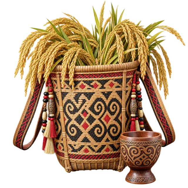 A patterned woven basket holding golden rice stalks beside a small decorated cup