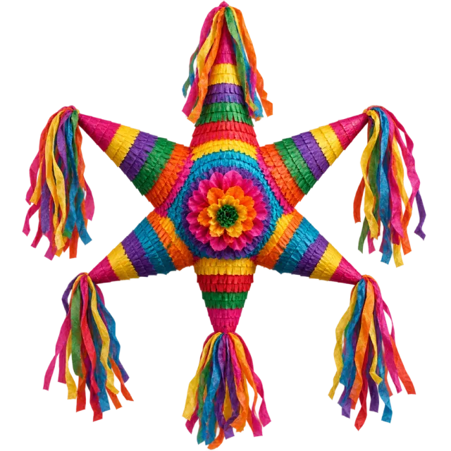 A multicolored fringed star pinata with long pointed cones and trailing ribbon tassels