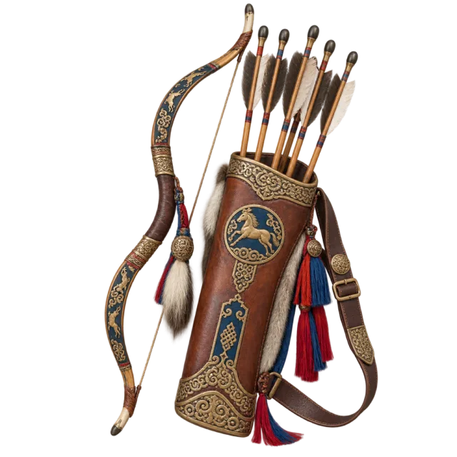 A curved bow beside an ornate brown quiver holding arrows with colorful fabric tassels