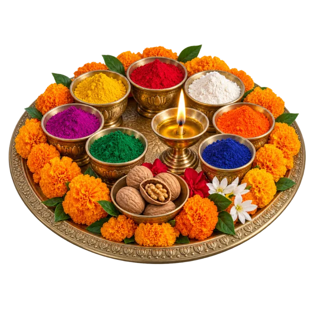 An ornate round tray of brightly colored powders, small offerings and a lit lamp surrounded by orange marigolds