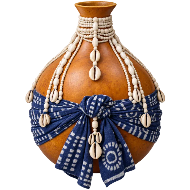 A brown gourd-shaped vessel decorated with white beads, shell-like ornaments and an indigo patterned bow