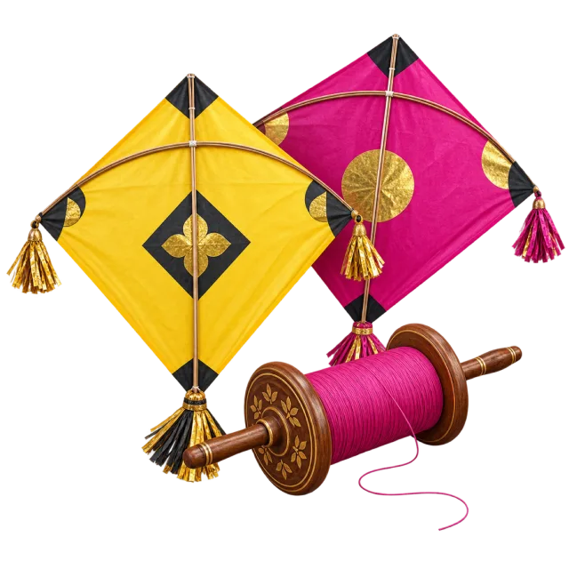 Yellow and pink diamond-shaped kites with tassels beside a wooden spool of bright pink string