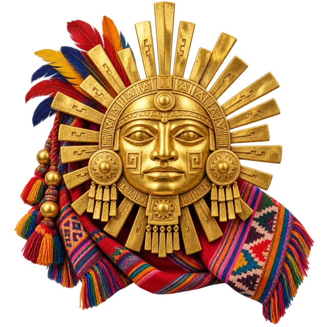 A gold-colored sun face with long radiating rays above bright woven fabric and feather-like decorations