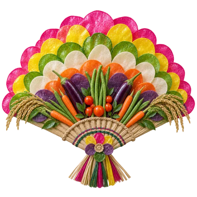 A fan-shaped arrangement of colorful leaf-like decorations, grain stalks and vegetables tied with ribbons