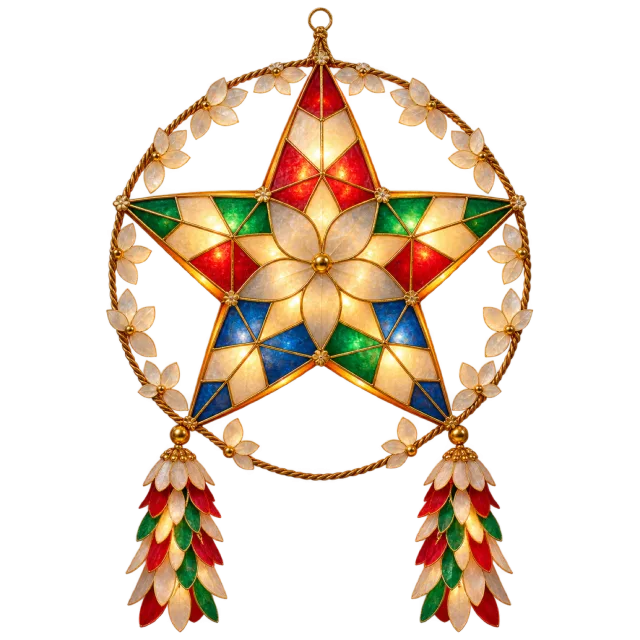 A multicolored illuminated star lantern within a circular frame with decorative tassels below
