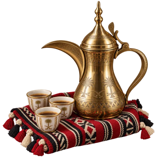 A decorated brass-colored coffee pot and three small cups on folded red and black patterned fabric