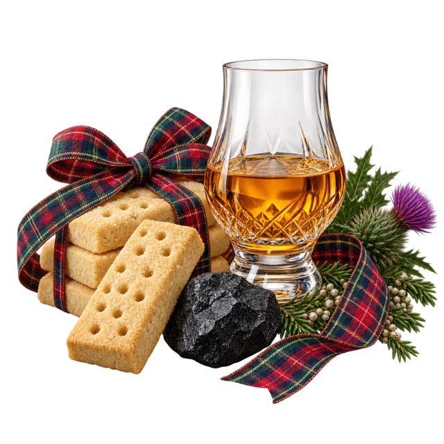 A glass of amber drink with shortbread, dark coal-like pieces, evergreen sprigs and a tartan bow