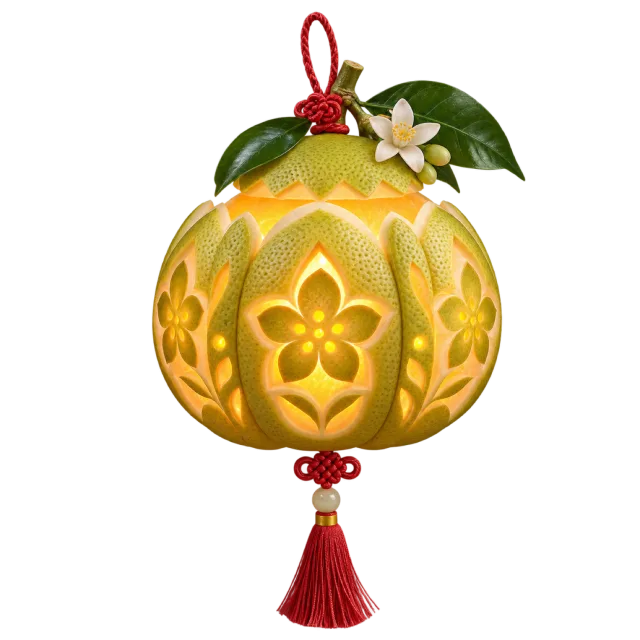 A round yellow fruit-shaped lantern with carved floral patterns, green leaves and a dangling red tassel