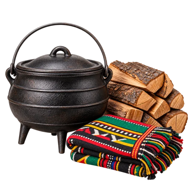 A black three-legged cooking pot with a lid beside stacked firewood and folded colorful fabric