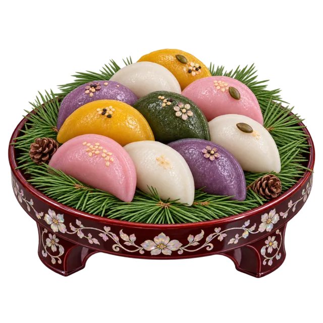 Pastel-colored rice cakes arranged over green needles on a low patterned serving tray