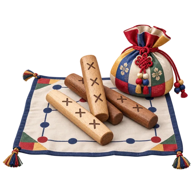 Wooden game sticks and playing pieces on a fabric board beside a colorful tied pouch