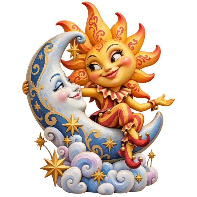 A smiling golden sun character beside a white crescent moon, with blue swirls, stars and cloud shapes