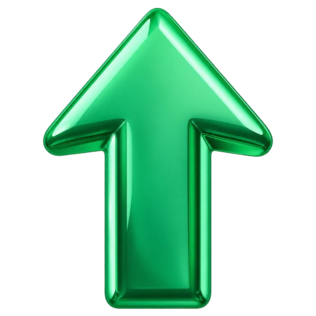 Glossy emerald-green three-dimensional arrow pointing upward on a transparent background