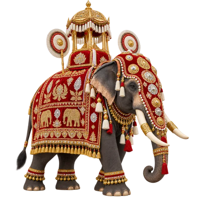 An elephant dressed in elaborate red and gold-colored ceremonial coverings with a raised canopy on its back