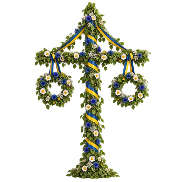 A green cross-shaped pole decorated with white and yellow flowers, blue ribbons and two hanging floral rings