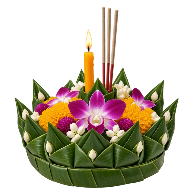 A folded green leaf basket filled with bright flowers, a lit candle and upright incense sticks