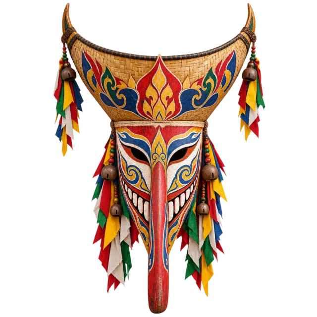 A tall pointed mask with a long red nose, bright painted patterns and dangling multicolored ribbons