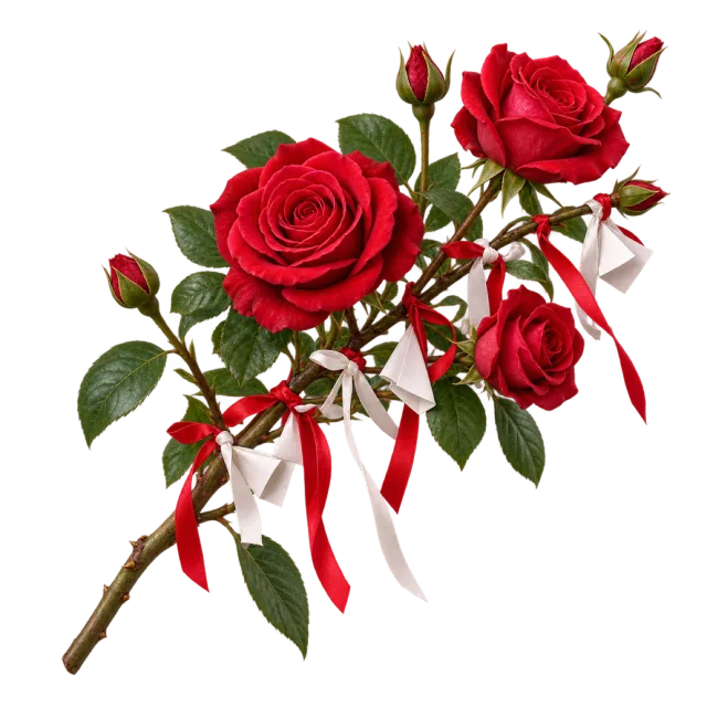 A branching spray of red roses and green leaves tied with red and white ribbons