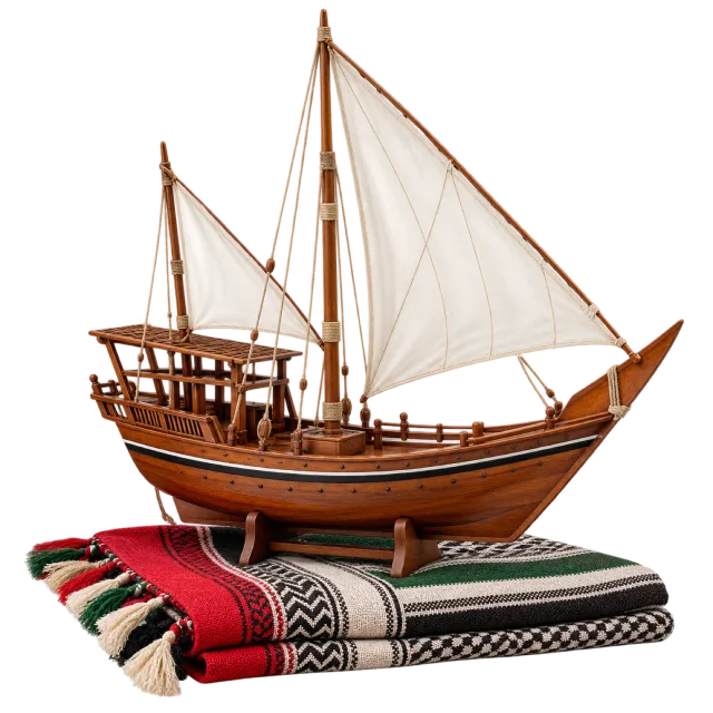 A wooden sailboat with white sails displayed above folded patterned fabric in red, green, black and white